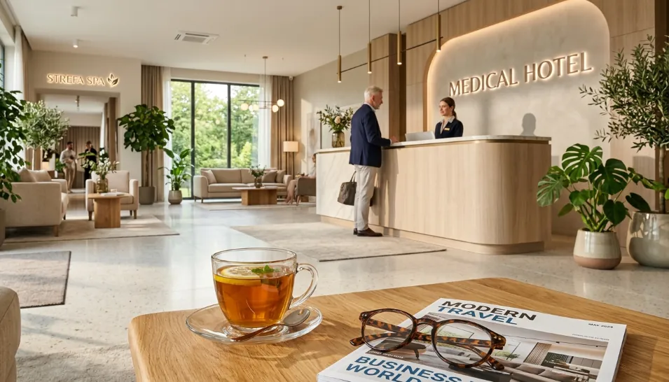 Filiżanka herbaty na stoliku w przytulnym, eleganckim lobby hotelowym, atmosfera spokoju i odpoczynku.