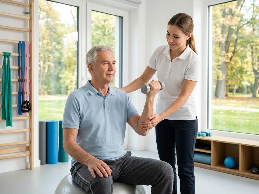 Fizjoterapeutka pomaga seniorowi wykonać ćwiczenie z hantlem w sali rehabilitacyjnej.