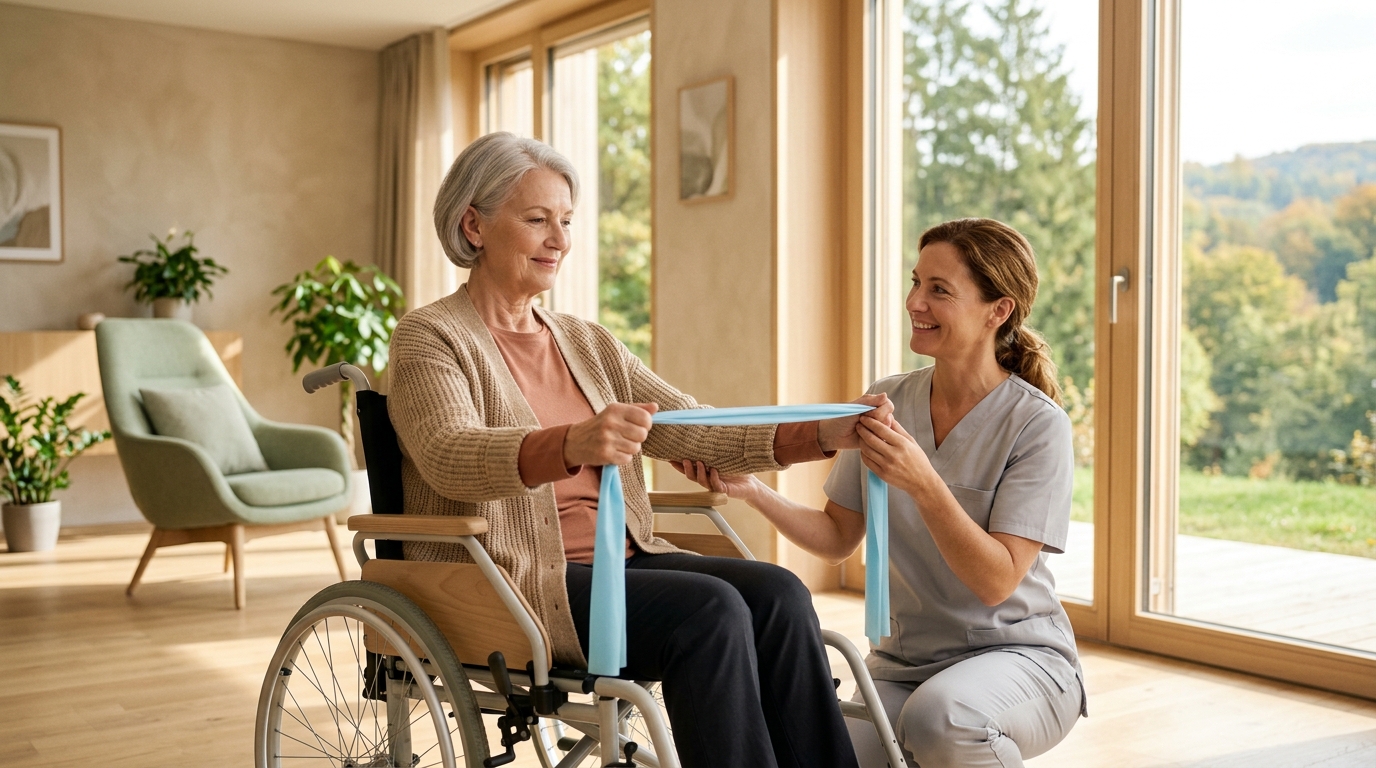Seniorka na wózku wykonuje ćwiczenie z taśmą pod opieką fizjoterapeutki.