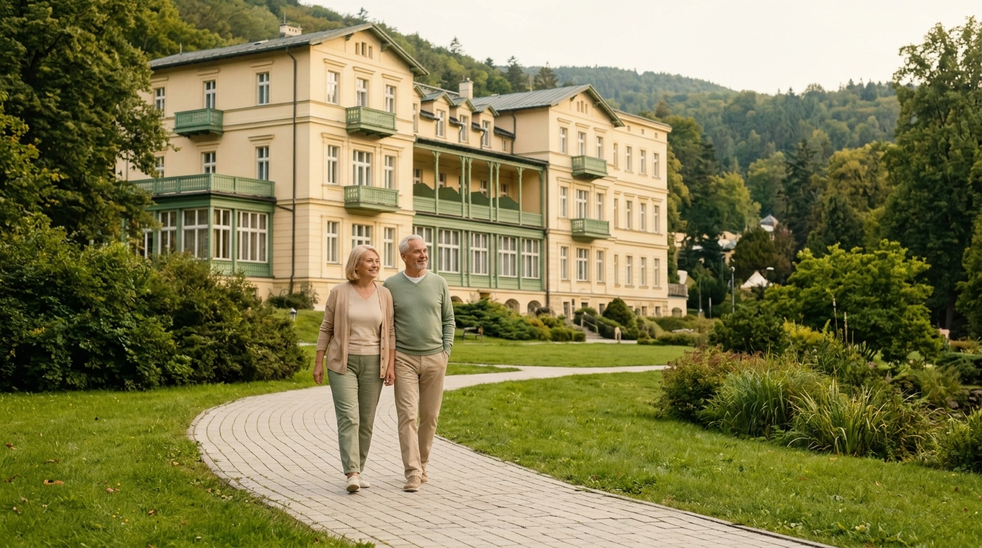 Para seniorów spaceruje po parkowej alejce obok budynku ośrodka wśród zalesionych wzgórz.