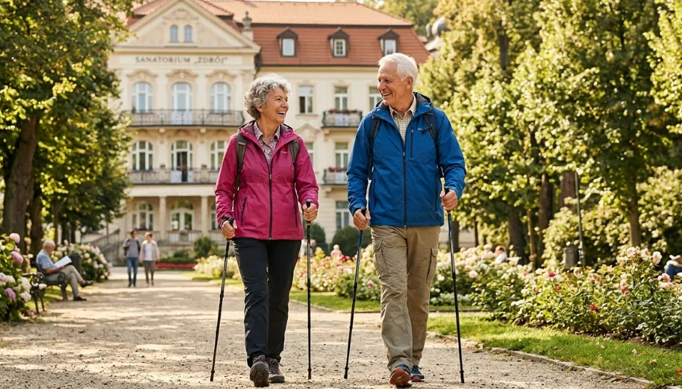 Uśmiechnięta para seniorów spacerująca z kijkami do nordic walking po słonecznym parku uzdrowiskowym, w tle elegancka architektura sanatorium.