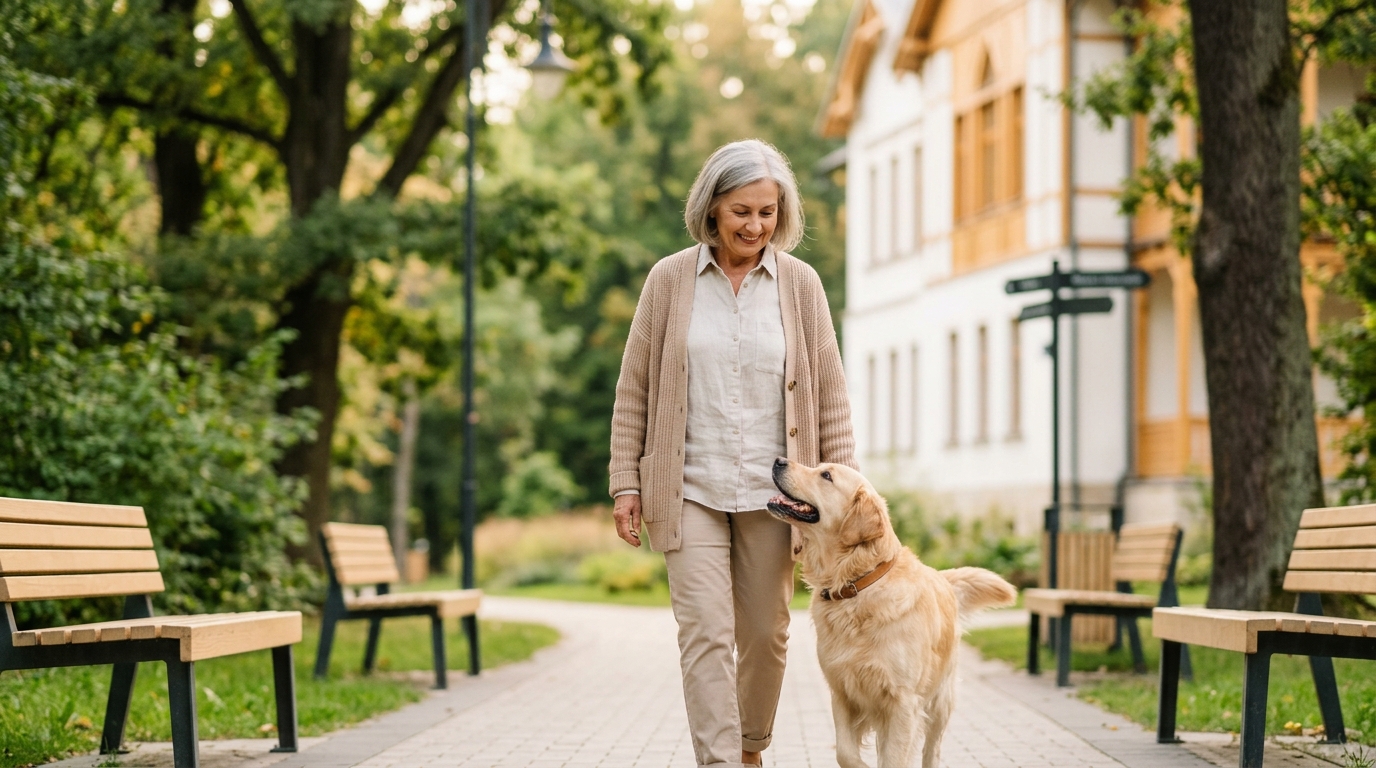 Seniorka spacerująca z psem w parku przy ośrodku uzdrowiskowym.
