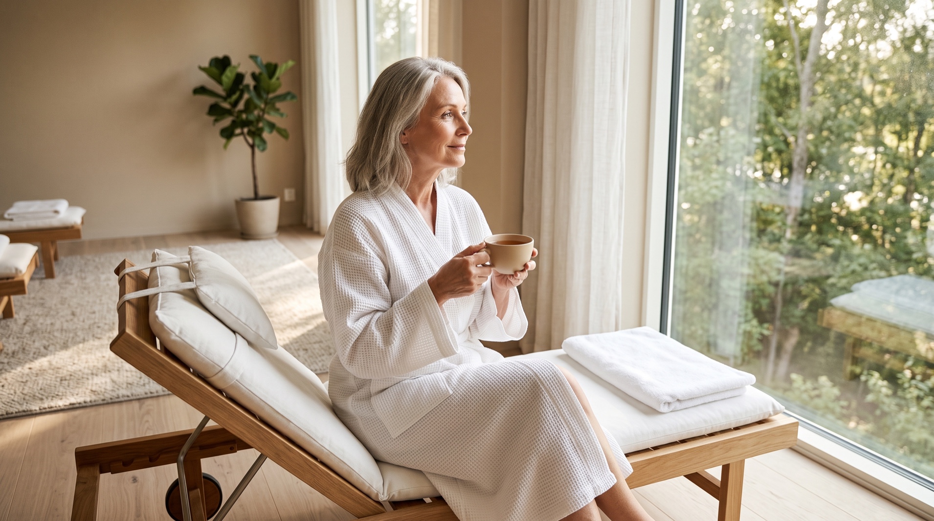 Seniorka w szlafroku odpoczywa z filiżanką herbaty przy oknie w ośrodku wellness.