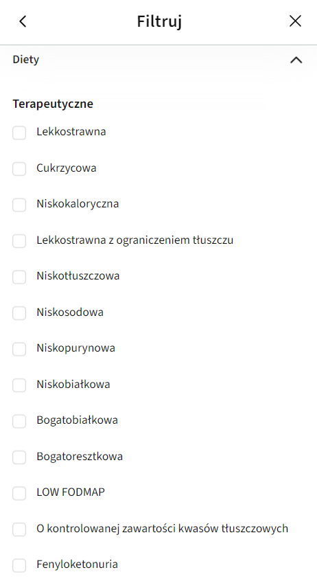 Okno „Filtruj” na telefonie z sekcją „Diety” i listą diet terapeutycznych.