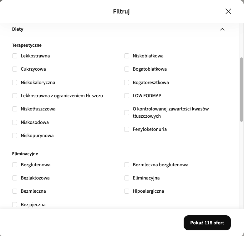 Filtr diet w wyszukiwarce Vitalnia, z dietami terapeutycznymi i eliminacyjnymi.