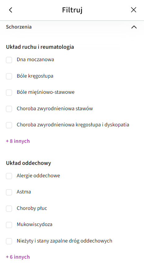Okno „Filtruj” na telefonie z sekcją „Schorzenia” i listą dolegliwości układu ruchu.