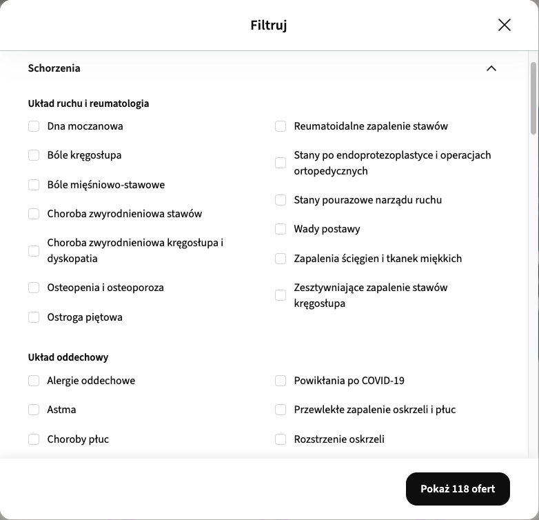 Filtr schorzeń w wyszukiwarce Vitalnia, z przykładami dolegliwości układu ruchu i układu oddechowego.