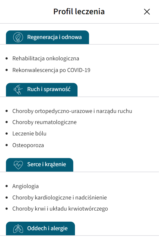 Rozwinięta lista profili leczenia na telefonie, z grupami takimi jak „Regeneracja i odnowa” czy „Ruch i sprawność”.