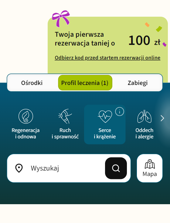 Zakładka „Profil leczenia” w wyszukiwarce Vitalnia na telefonie, z kategoriami potrzeb zdrowotnych.