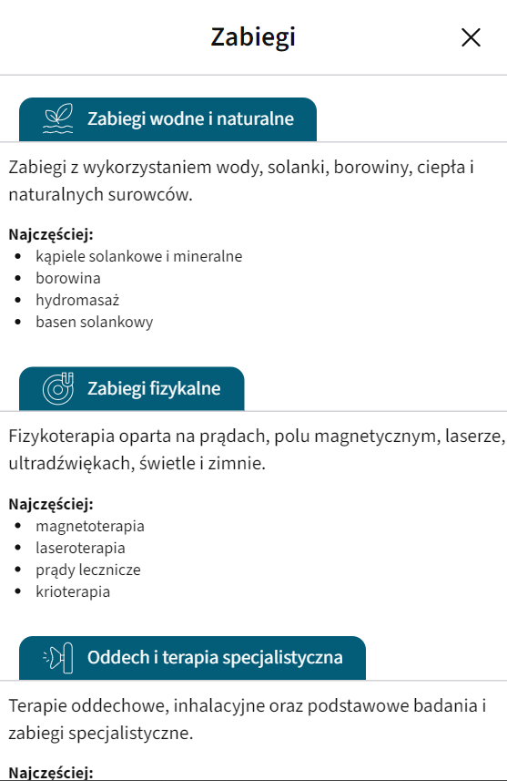 Opisy grup zabiegów na telefonie, m.in. zabiegów wodnych i naturalnych oraz fizykalnych.