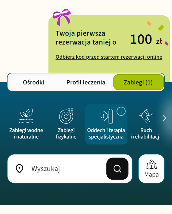 Zakładka „Zabiegi” w wyszukiwarce Vitalnia na telefonie, z grupami zabiegów do wyboru.