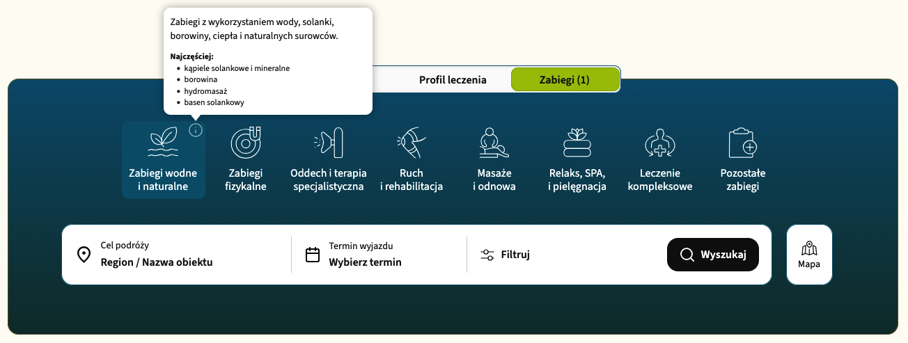 Wybór grup zabiegów w wyszukiwarce Vitalnia, z rozwiniętym opisem zabiegów wodnych i naturalnych.